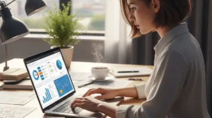 Jovem empreendedora trabalhando em laptop, analisando gráficos e dados de clientes em mesa moderna, cercada por notas e rascunhos de startup. Iluminação natural brilhante, com xícara de café e smartphone na mesa, em estilo ultrarrealista.
